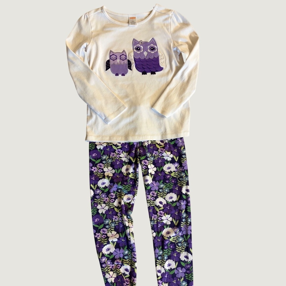 Gymboree Girls Matching Set Ivory Owl Appliqué Top Purple Floral Leggings 7
